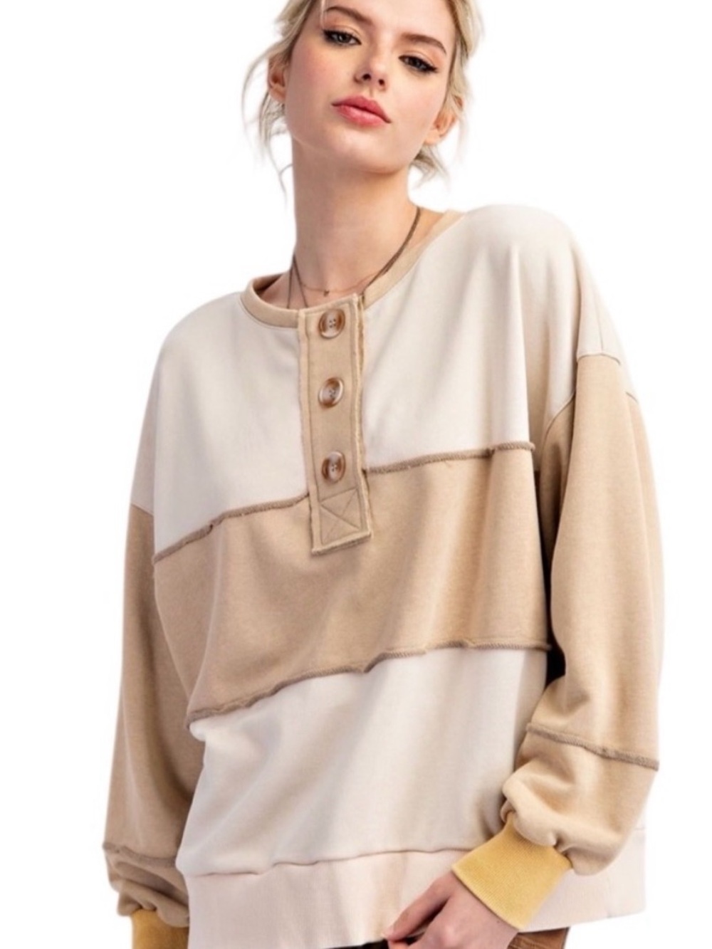 easel Color Block Beige and Tan Long Sleeve Button Neck Henley Top